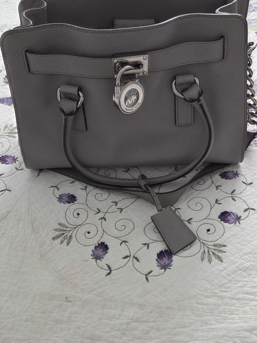 Michael Kors Gray Saffiano Leather Satchel with Lock Charm